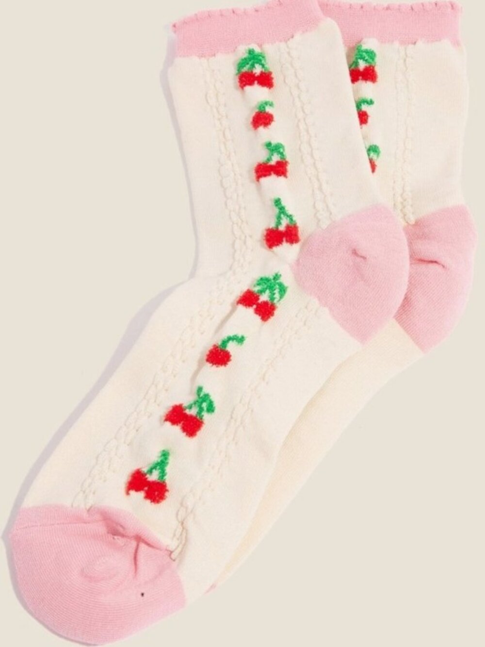 Accent Cherry Embroidered Beige Socks - Pink